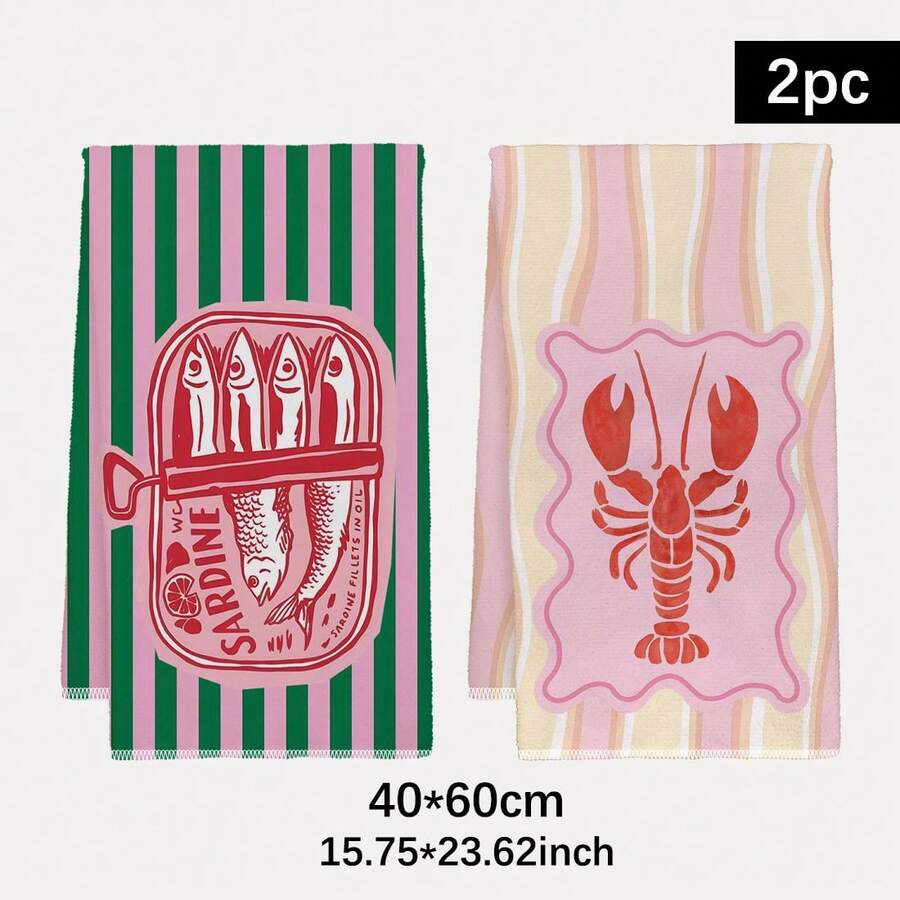 Home Cooking Is The Best - 2 sztuki, różowo-zielone paskowane ręczniki kuchenne